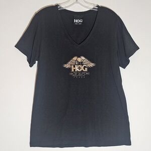 Harley Davidson Shirt Womens XL Black Gold HOG Eagle 35 Years V Neck Tee SEEHOLE